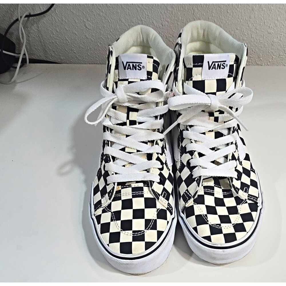 VANS Sk8-Hi High Top Athletic Sneakers Black White Checkerboard Lace Up Canvas